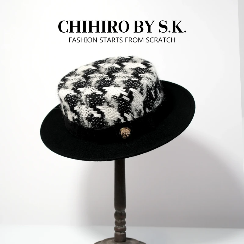 秋冬女士时尚百搭格子帽子经典复古千鸟格拼接法式度假礼帽