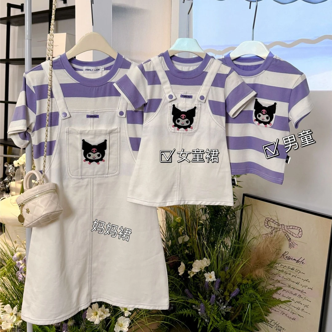 亲子装母女装背带连衣裙假两件夏季新款一家三口四口婴儿条纹T恤