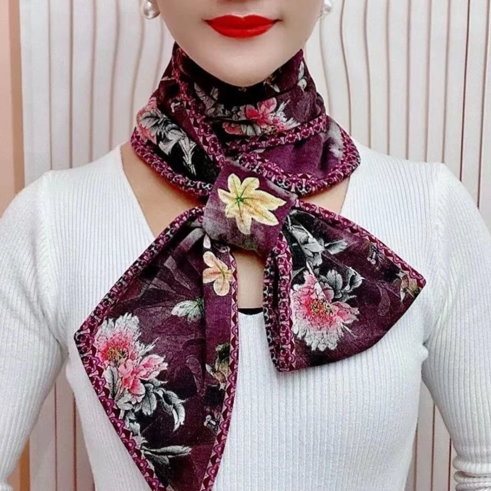 秋冬新款彩色花卉螺纹棉古韵耳朵巾围巾长条丝巾护颈围巾加厚围脖