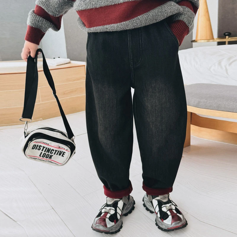 男童个性卷边刺绣牛仔裤一体绒长裤儿童冬季加厚休闲裤子S7336