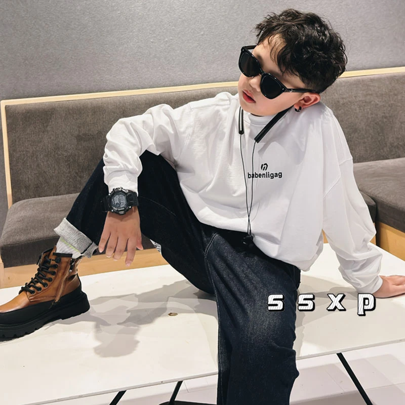 男童秋装小白T字母长袖T恤新款儿童基础百搭缩口打底衫S7136