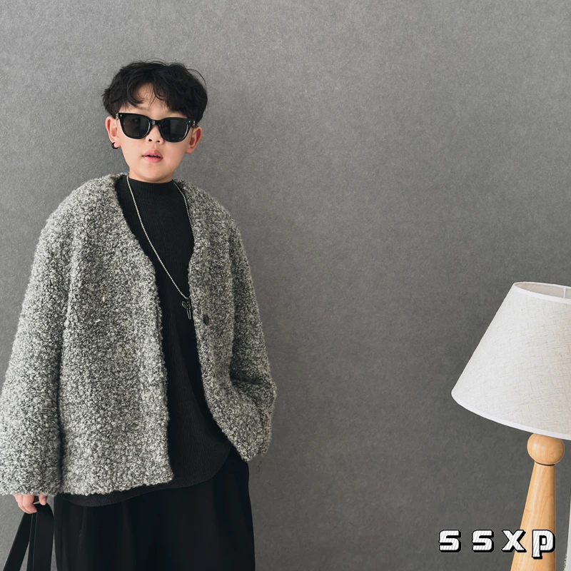 童装时尚小香风冬款夹棉大衣中大童男童冬季高端含羊毛外套S7346