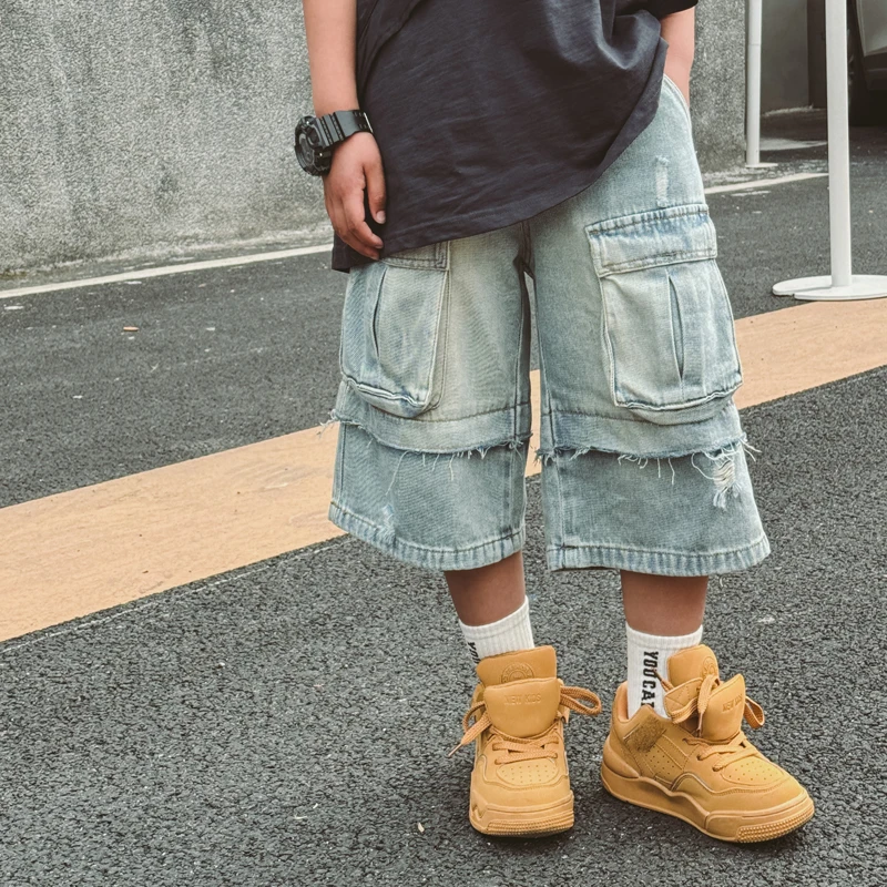 个性工装裤男童夏季水洗浅蓝牛仔中裤儿童休闲薄短裤童装S7040