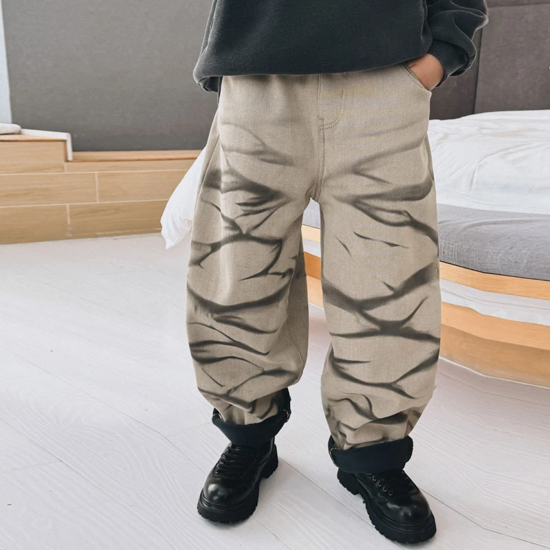 儿童美式复古扎染宽松牛仔裤一体绒长裤加厚童装痞帅裤子S7361