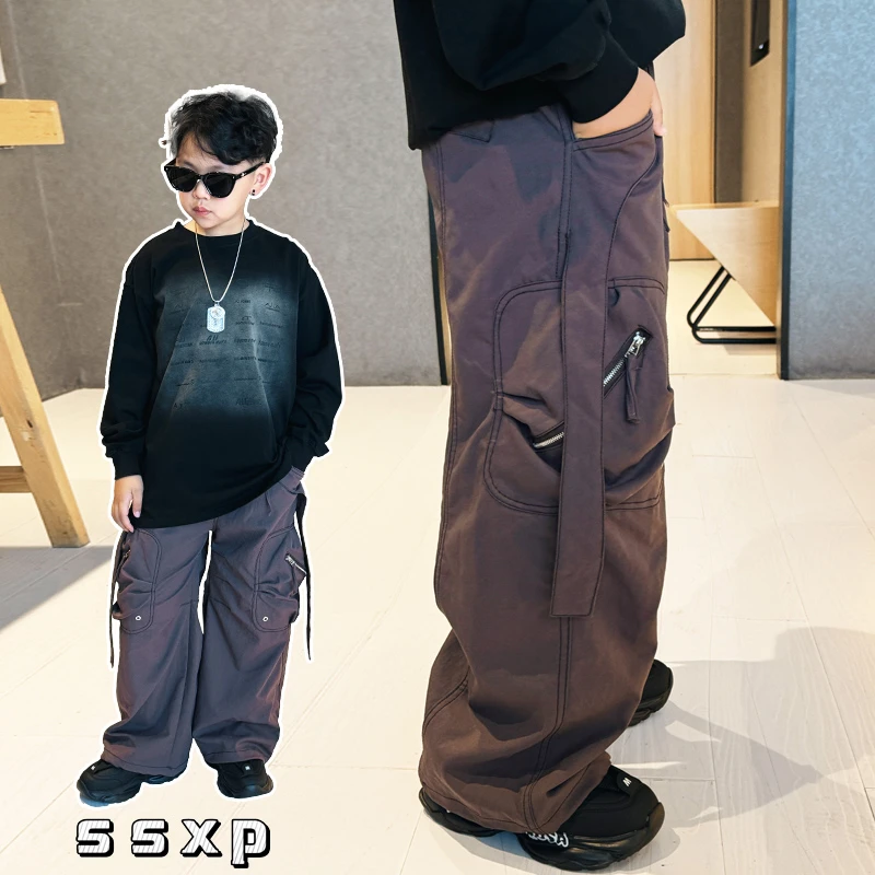 儿童经典紫色工装裤直筒裤子男童布裤春秋款休闲裤中大童S7209