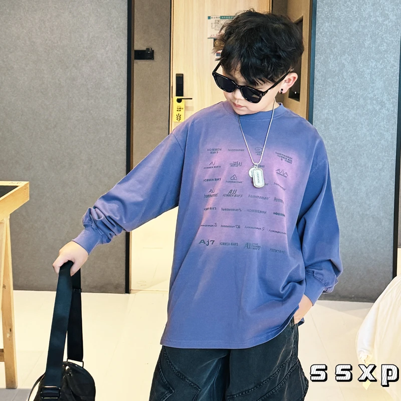 男童复古渐变T恤新款儿童上衣春秋款中大童体恤长袖秋装S7221