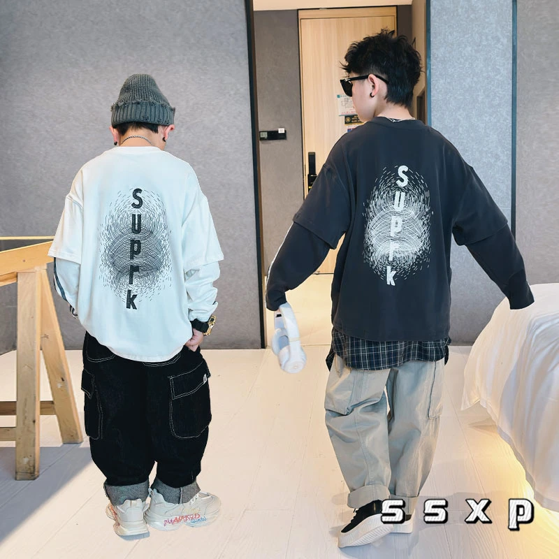 男童贴布假两件长袖T恤痞帅上衣春秋打底衫体恤中大童S7170