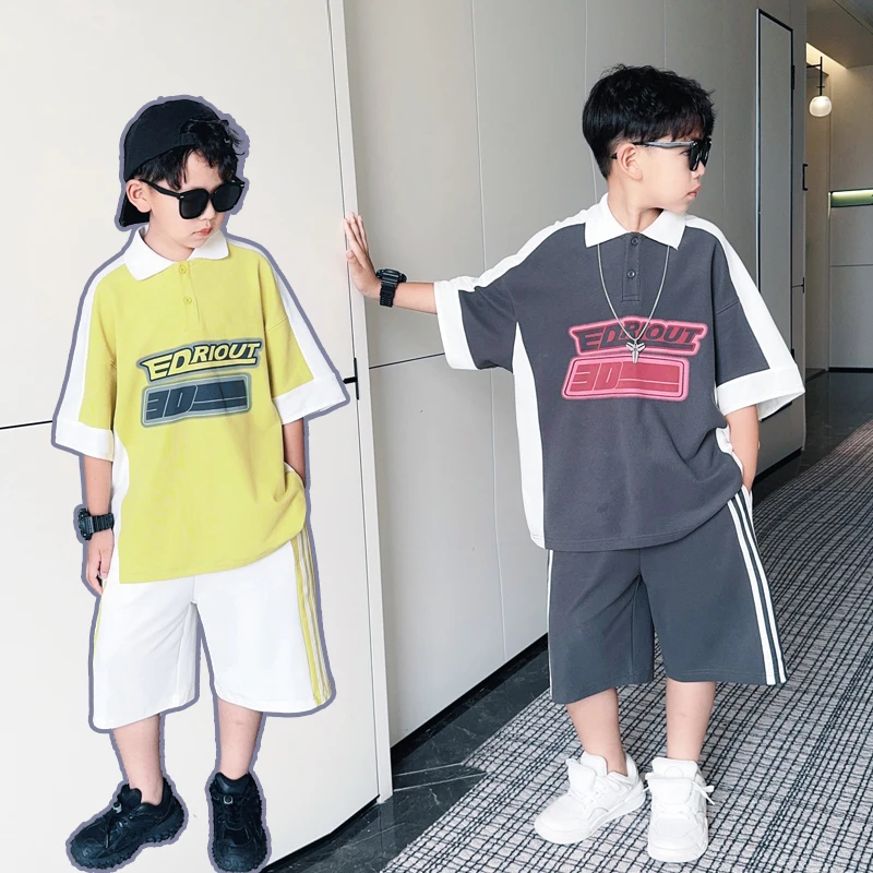 男童珠地网棉拼接polo衫t恤中裤2件套装儿童短裤宽松半袖S7125