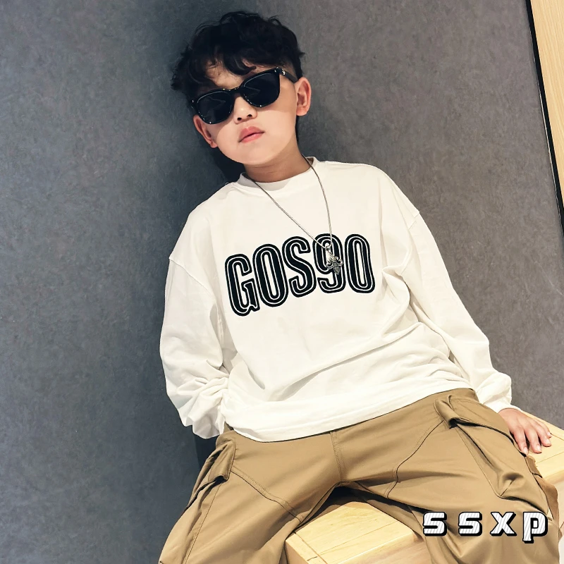 男童秋装字母印花长袖T恤新款儿童基础百搭黑白打底衫S7135