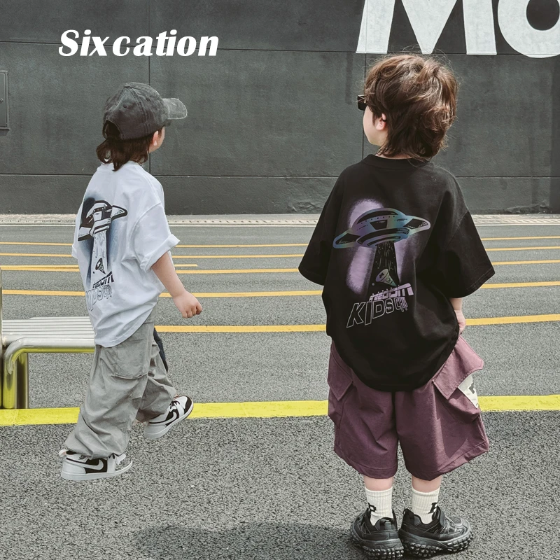 男童短袖白t恤潮酷上衣儿童夏季镭射反光飞船半袖体恤衫S6990