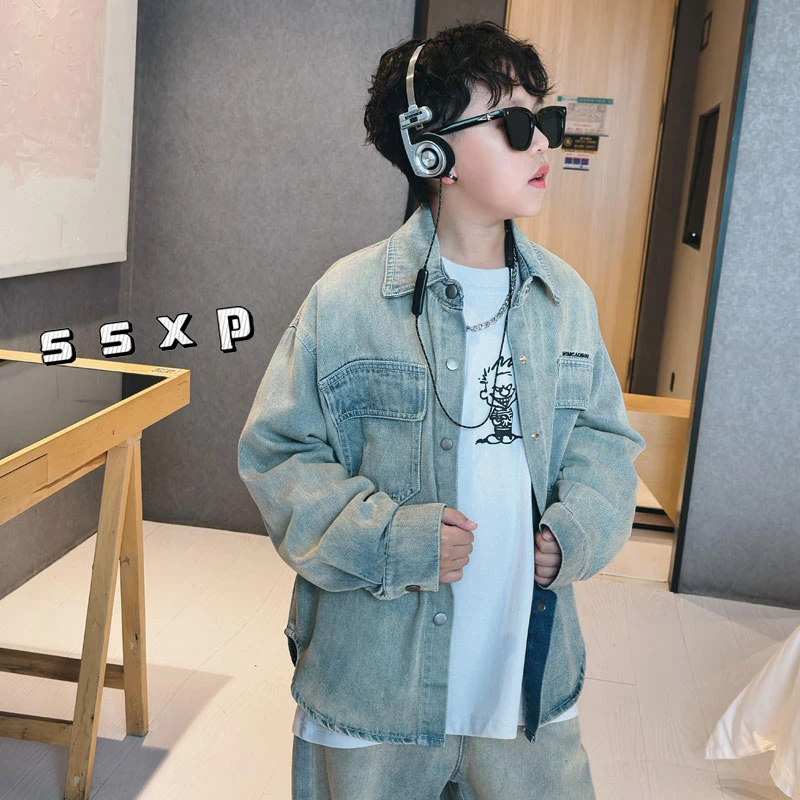 男童秋装水洗蓝牛仔衣翻领外套新款儿童新简约夹克开衫S7149