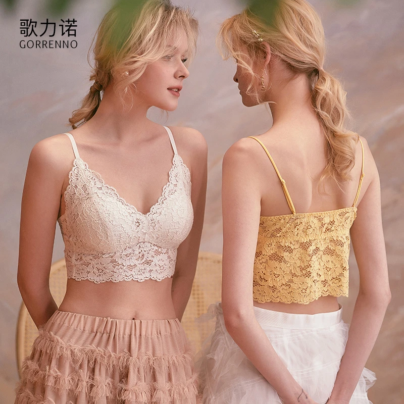 防走光法式蕾丝吊带抹胸内衣女遮副乳薄款白色性感大胸显小美背心