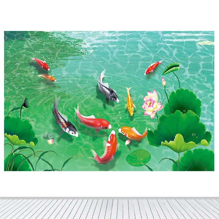 九鱼图贴画自粘荷花客厅壁画富贵有余办公室风水招财墙画墙贴横版