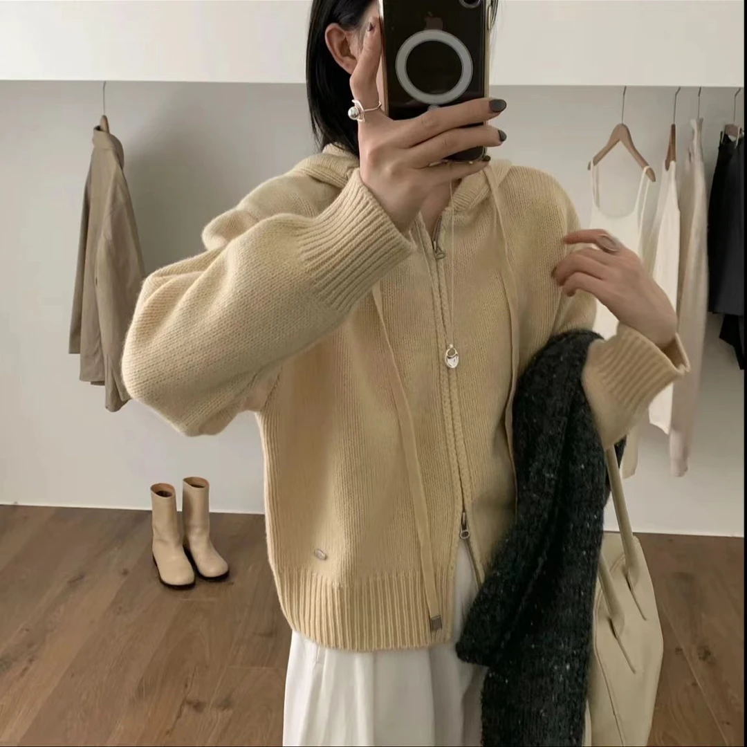 韩系100%纯羊毛EGG新款双拉链连帽开衫加厚针织宽松百搭慵懒时尚