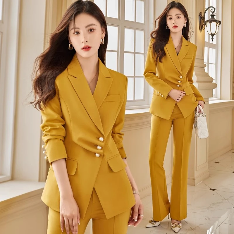 职业套装女秋冬2024新款轻熟风名媛气质女神范休闲黄色西装阔腿裤