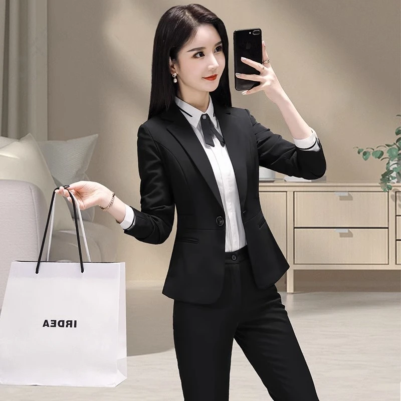 秋冬时尚修身职业西服套装女黑色正装酒店前台面试上班气质职业装