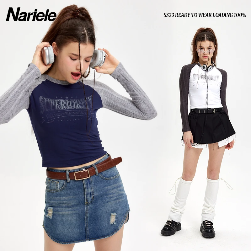 Nariele 早春拼接长袖上衣甜辣妹短款显瘦修身插肩长袖T恤女N3192