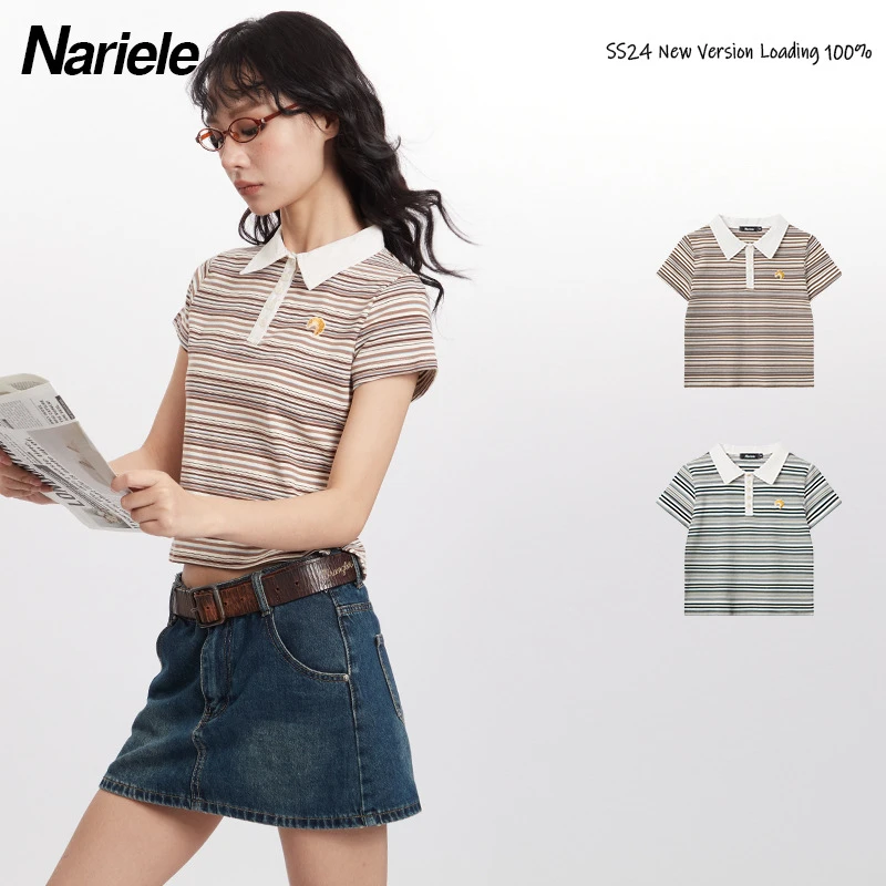 Nariele 欧美条纹polo衫短袖女夏季 短款t恤女小众刺绣上衣N4235