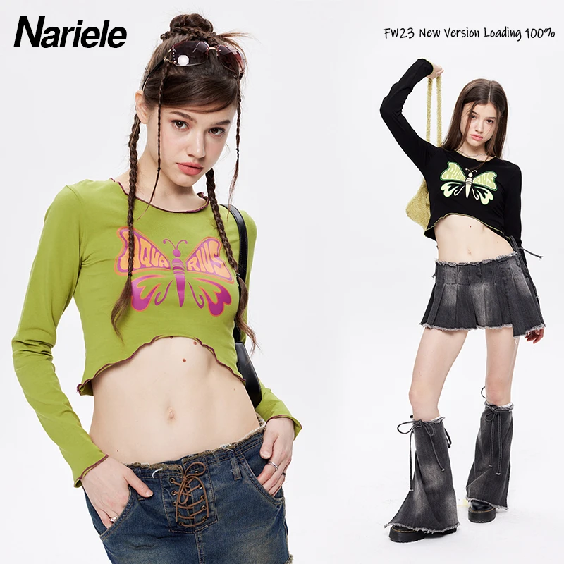 Nariele 新款慵懒百搭时尚辣妹蝴蝶设计艺流行短款长袖T恤女N3565