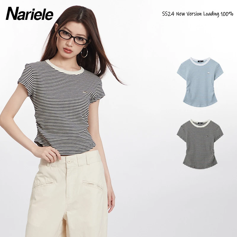 Nariele 小个子撞色小众短袖t恤女夏季条纹露脐短款辣妹上衣N4220