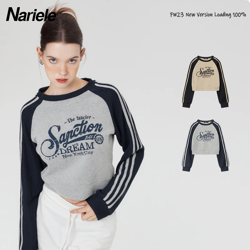 Nariele 欧美字母印花短款卫衣女ins圆领条纹拼色长袖上衣N3642