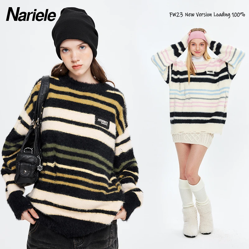 Nariele 慵懒软糯宽松情侣bf秋冬针织毛衣女韩版条纹外套H3631