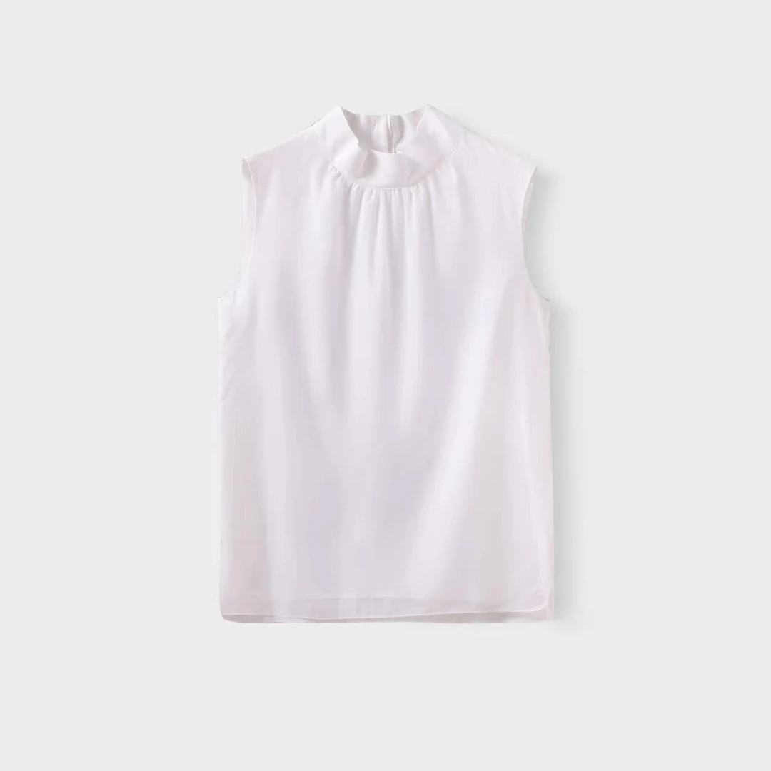 立领无袖衬衫女士双层纱打底外穿简约气质雪纺上衣