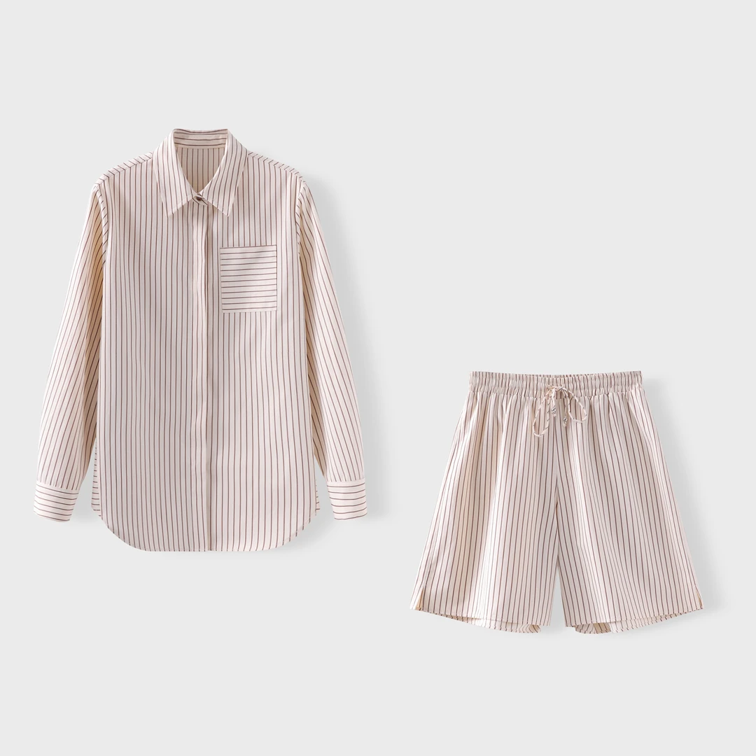 时尚撞色窄条纹衬衫显瘦套装3512