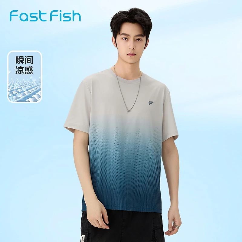快鱼凉感运动短袖T恤男2024夏季新款防吊染印花设计感圆领体恤潮