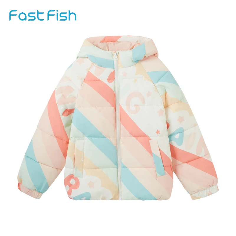 快鱼厚棉服童装2024冬季新款连帽保暖开衫上衣花色运动风休闲外套