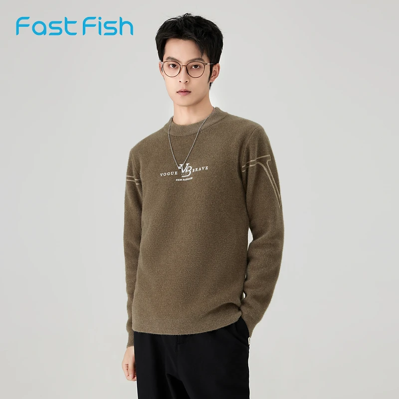 快鱼2023冬新男雪尼尔仿貂绒纱圆领毛衣柔软细腻简约内搭13M1009