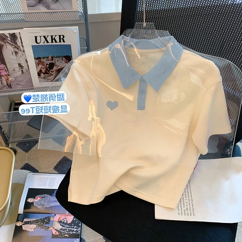 女童polo衫t恤短袖夏季新款宽松洋气刺绣爱心中大童翻领上衣女孩