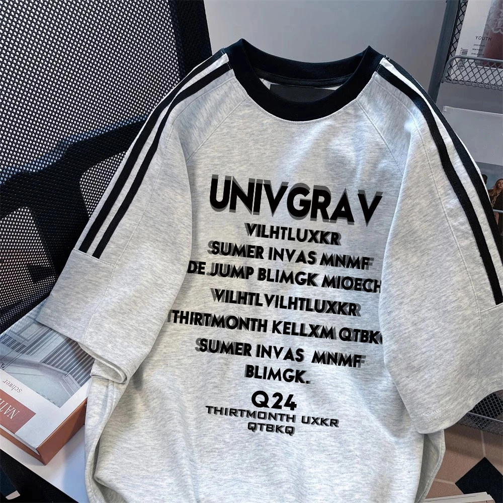 男女童三条杠短袖t恤纯棉夏季新款美式高街印花中大童宽松上衣潮