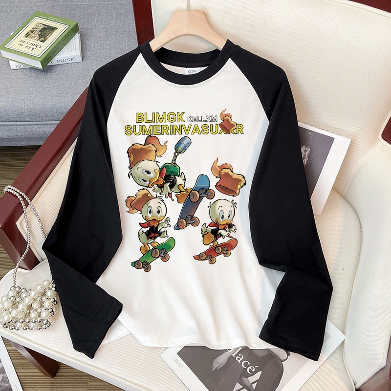 2024秋季男女童插肩长袖t恤纯棉趣味滑板鸭中大童港风打底衫上衣