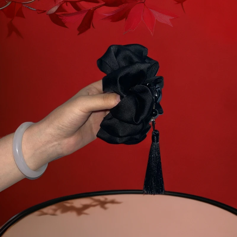 复古国风流苏发夹手工气质时尚百搭黑色法式缎面优雅秋冬
