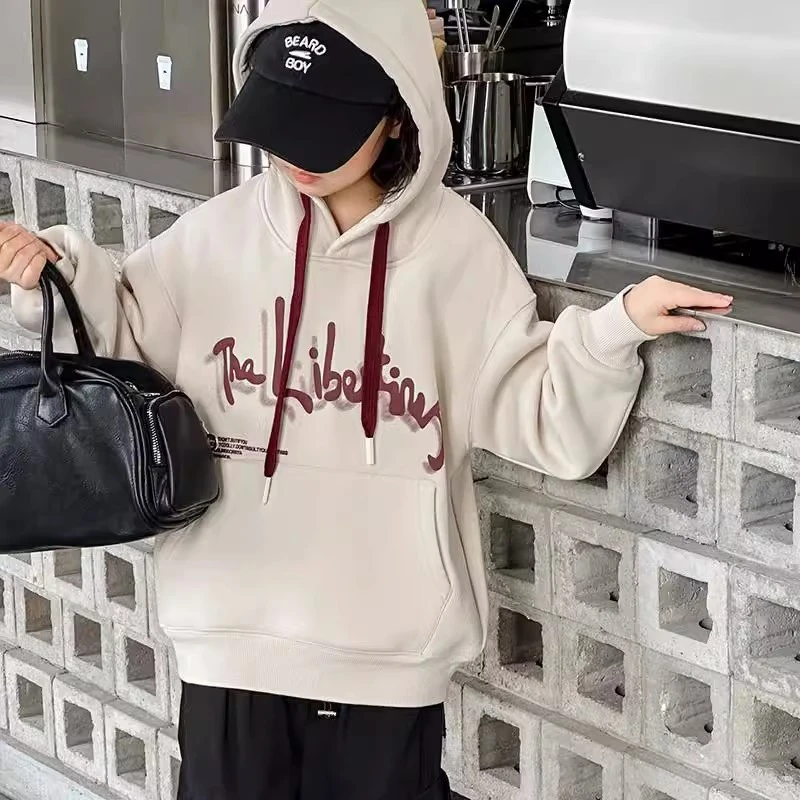 女童卫衣连帽2024冬季加绒新款中大童宽松运动风洋气字母儿童上衣