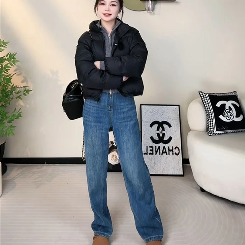 秋冬加绒阔腿牛仔裤女2024高腰窄版垂感百搭拖地裤显瘦直筒拖地裤