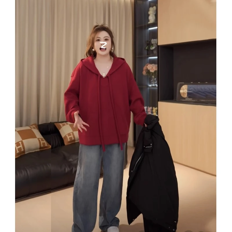 胖佳佳大码女装连帽宽松纯色卫衣女秋季胖mm显瘦藏肉简约百搭上衣