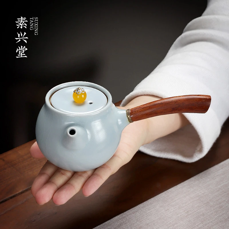 素兴堂汝窑侧把壶单个茶壶天青色陶瓷功夫茶具侧柄壶木柄泡茶壶