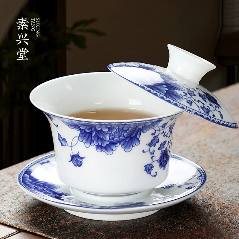 素兴堂悬停可旋转盖碗茶杯单个陶瓷大容量青花白瓷三才茶碗不烫手