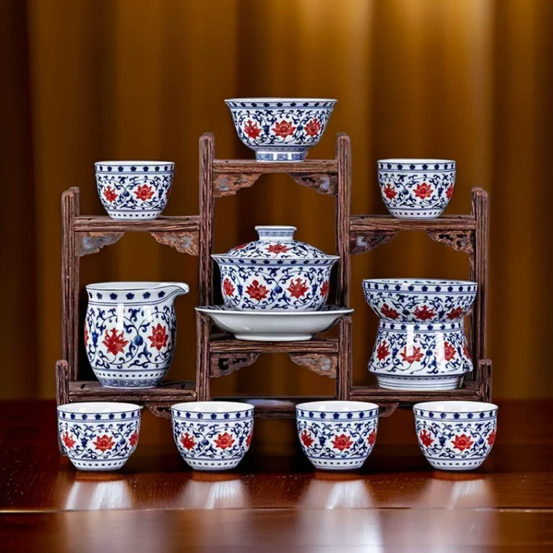 景德镇七承堂釉里红缠枝莲盖碗茶杯子家用高档中式功夫泡茶碗套装