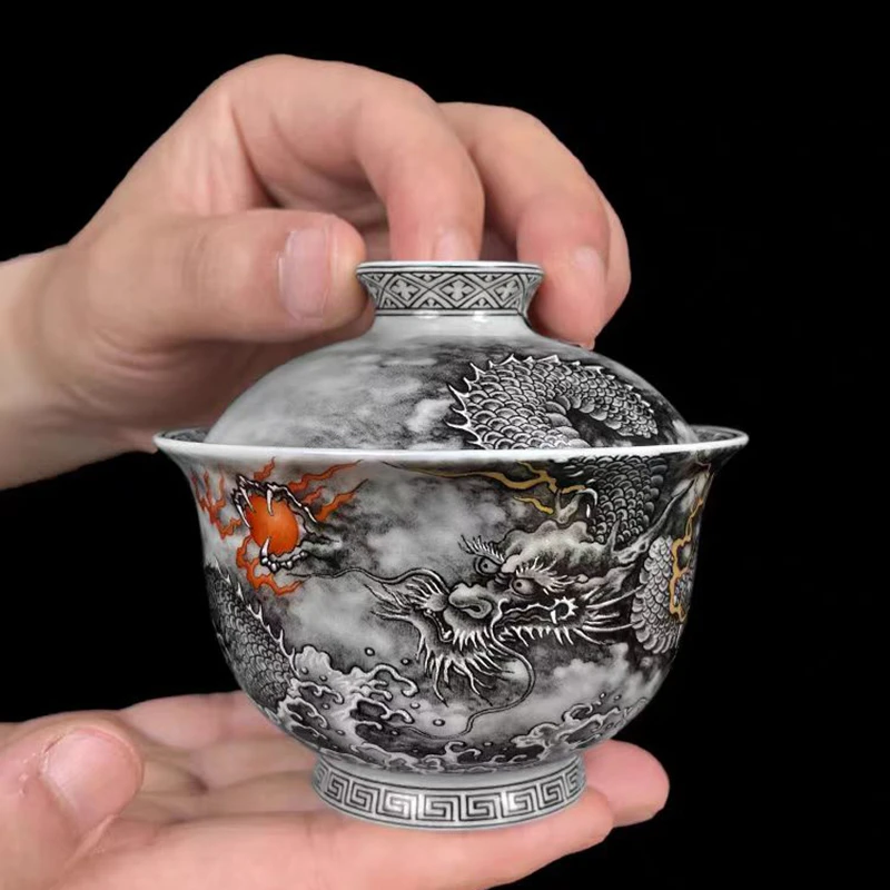 墨彩云龙三才盖碗可悬停景德镇陶瓷防烫手泡茶碗家用手工高档茶碗