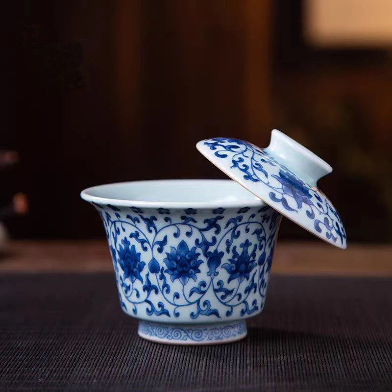 景德镇陶瓷茶具仿古泥青花缠枝莲两才盖碗家用泡茶碗功夫岩茶茶具