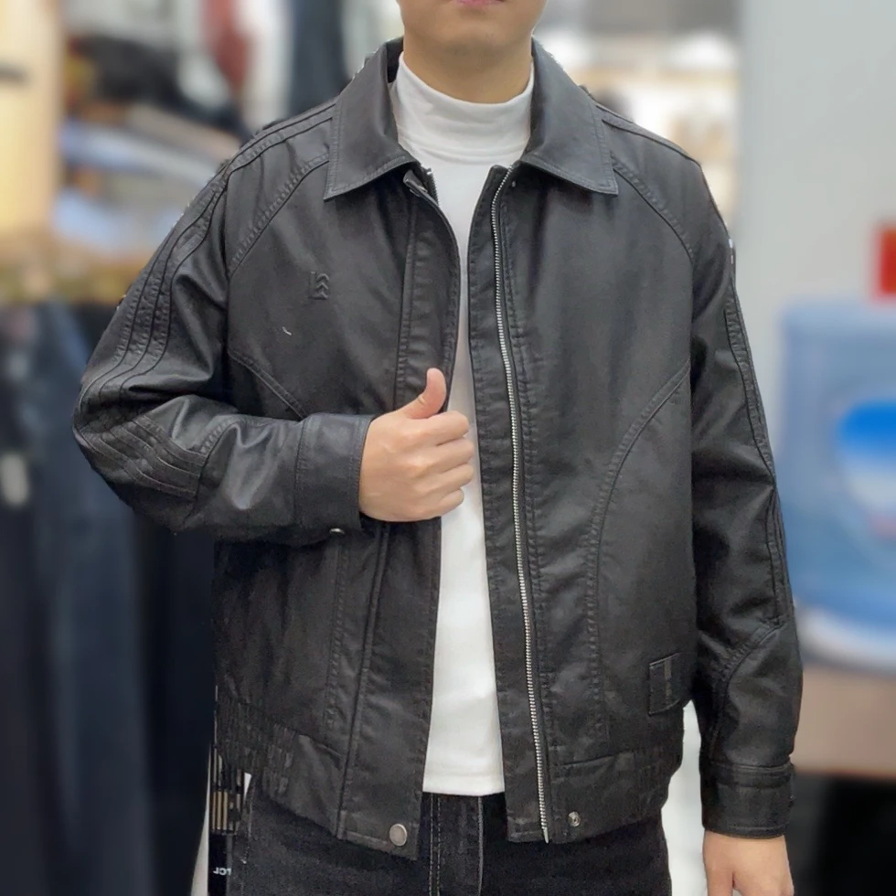 5896黑灰色「加绒皮衣」男士秋冬季休闲外套时尚商务微落肩
