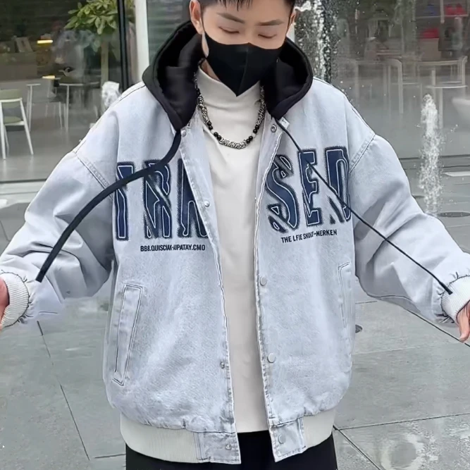 8773「加绒棒球服」男士冬季加厚绒牛仔外套时尚宽松