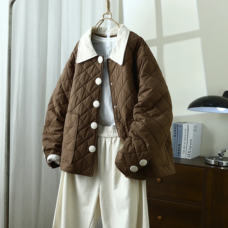 琴川谷菱格纯棉百搭宽松休闲短款长袖棉衣女秋冬棉服宽松夹棉外套