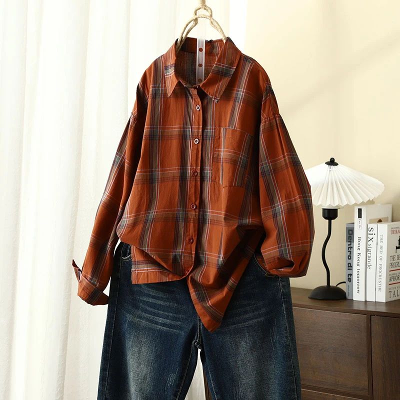 琴川谷大格子长袖衬衫女春秋新款纯棉宽松休闲衬衣百搭polo领上衣