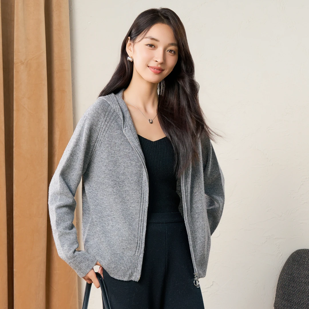 春竹2024无缝双开拉链连帽100羊毛长袖纯色秋冬百搭女士针织开衫