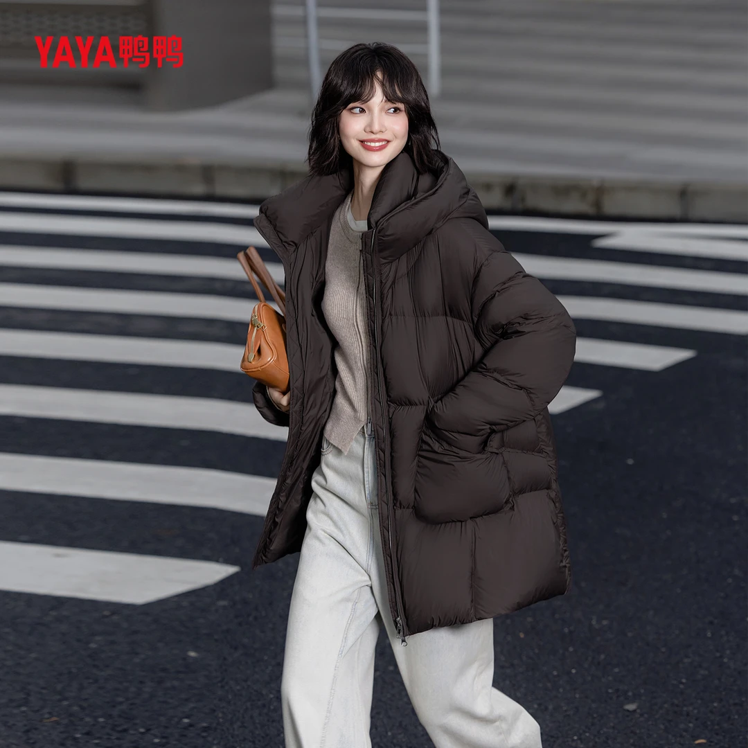YAYA/鸭鸭冬季时尚休闲宽松女士白鸭绒中长款羽绒服YE4B616552N