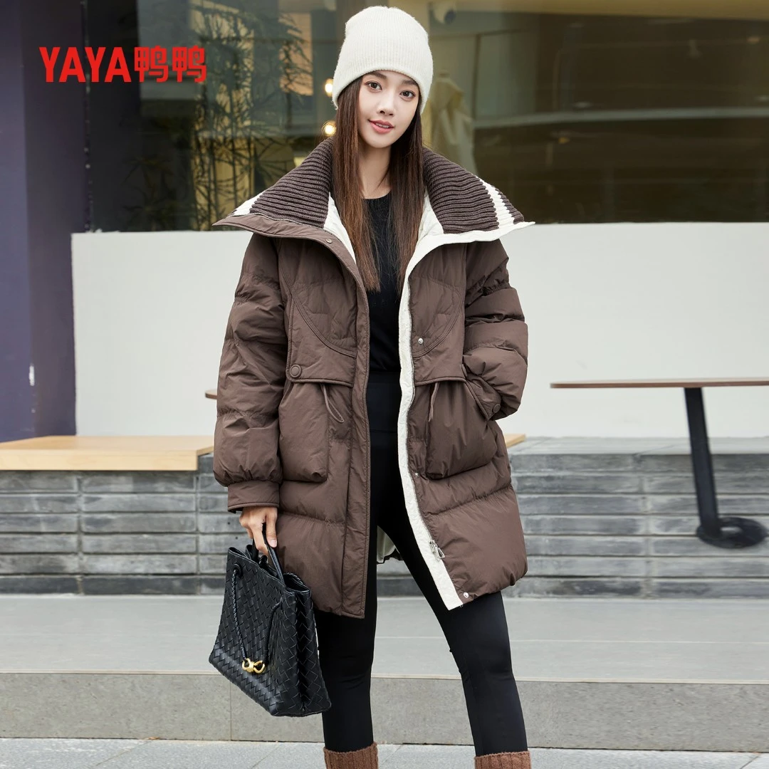 YAYA/鸭鸭冬季保暖针织拼接冬白鸭绒中长款羽绒服女士YE3B620782N
